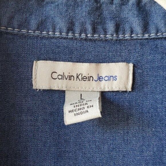 CALVIN KLEIN JEANS STRETCH DENIM WHITE SNAP UP SHIRT SIZE LARGE RODEO WESTERN - Picture 4 of 10